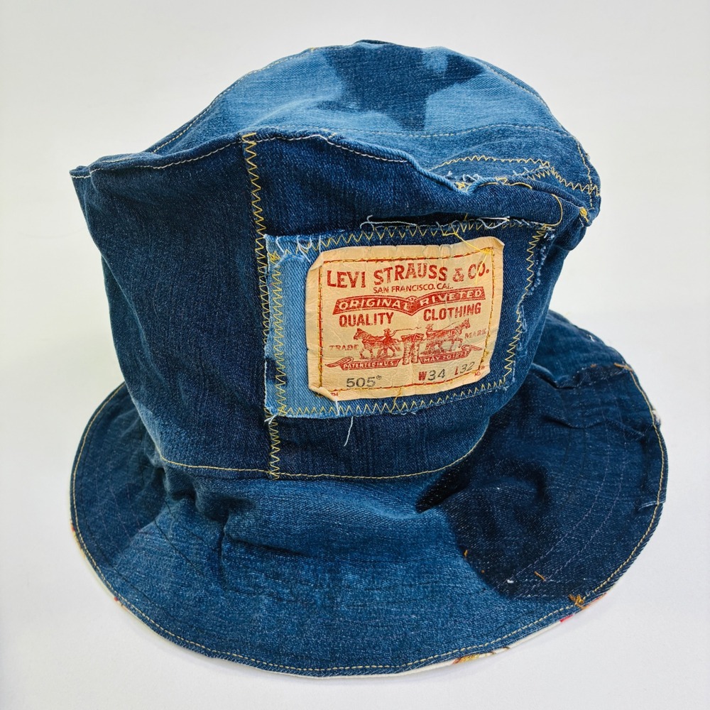 Custom Upcycled Levi's Denim Patchwork Bucket Hat Star Print Western Lined